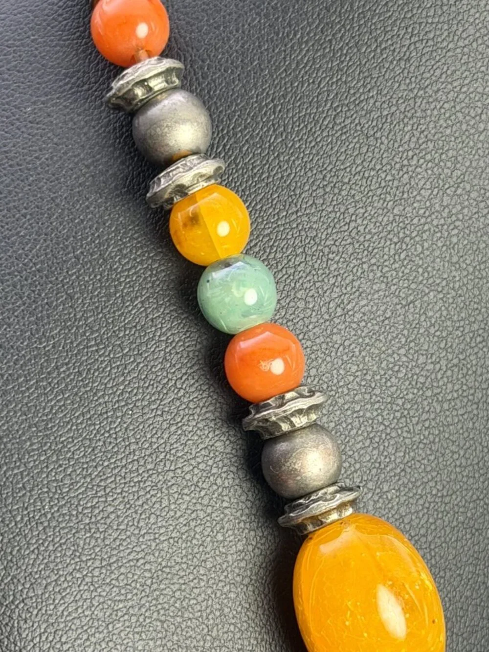 Vintage Chunky Resin Bead Necklace Multi Strand Orange Green Silver Tone 124g